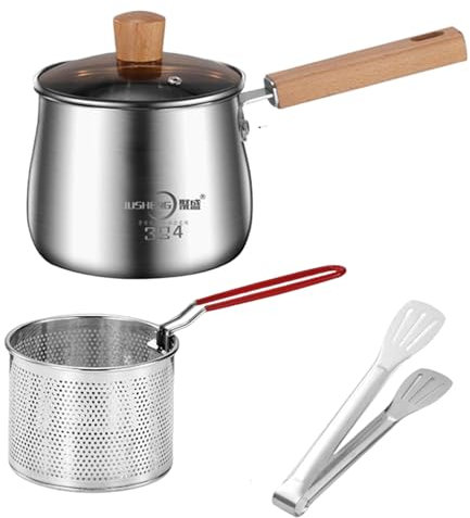 Fritteuse, 2, 5 l, Mini-Fritteuse aus Edelstahl mit Korb, Deckel, Zange und Verbrühungsschutzgriff, japanische für Zuhause, Tempura-Chips, Pommes Frites, Fisch und Hühnchen, Fischfritteuse u