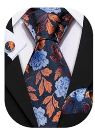 Barry.Wang Blue Orange Floral Tie Mens Silk Necktie Handkerchief Cufflinks Set Wedding Prom Business