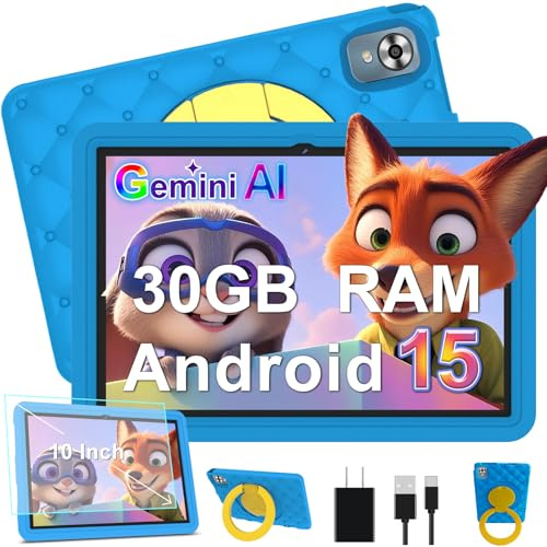 DMOAO Tablet Bambini 10 Pollici Android 15 con 30GB RAM, 5G Wi-Fi 6, 64GB ROM(2TB), Control Parental, Octa-Core, 8MP+5MP, 6000mAh, Custodia Protettiva EVA + Supporto Girevole a 360°, Blu