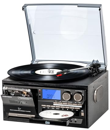 9-in-1 Vinyl Record Player 3-Speed Turntable with Bluetooth, AM/FM Radio, CD & Cassette Player, USB/SD/MMC Playback, Remote Control, Built-in Speakers, Aux in & RCA Out