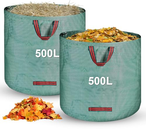 BUCOMTU 2 x 500L Sacchi Giardinaggio,Sacchi per Rifiuti da Giardino Pieghevole con Maniglie,Borsa da Giardino Riutilizzabile Antistrappo e Impermeabile per Riporre Foglie