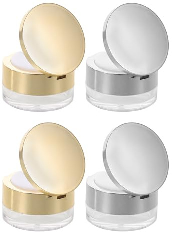 NOLITOY Boîte de Poudre Rechargeable Compacte 6 G avec Houppette, Lot de 4 Sets de Pots Métalliques Rond Argenté et Doré, Étui Portable pour Maquillage de Voyage, pour Poudre