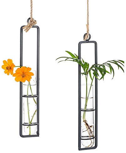 Sziqiqi Set of 2 Hanging Planter Terrarium, Metal Iron Clear glass Test Tube Flower Vases Holder, Wall Hydroponic Plants decor, Decoration for Living Room Bathroom Bedroom Kitchen, S + S