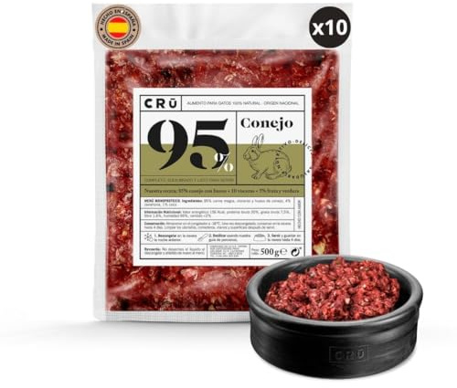CRU - Comida para Gatos Cruda y Natural Conejo - Dieta Barf para Gatos Junior y Adultos - Comida Congelada para 1 Mes - 10 Paquetes de 500g. (10 Paquetes, Conejo)