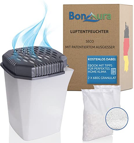 Luftentfeuchter ohne Strom mit Granulat I Wiederverwendbar I Nachfüllpack (2X 680g) hält 4 Monate I Raum Entfeuchter mit Ausgießer I Raumentfeuchter für Küche Badezimmer
