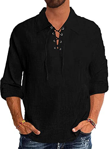 YAOBAOLE Chemise en Lin pour Hommes Chemisette Homme Col Mao Chemises Homme Été Casual Tee Shirt Vetement pour Hommes Noir XXL
