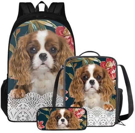 Xoenoiee Kinder-Rucksack-Set für Jungen und Mädchen, Schulrucksack, Lunchtasche, Federmäppchen, 3-in-1-Set für Schule, Picknick, Tagesrucksack, Cavalier King Charles Spaniel Floral