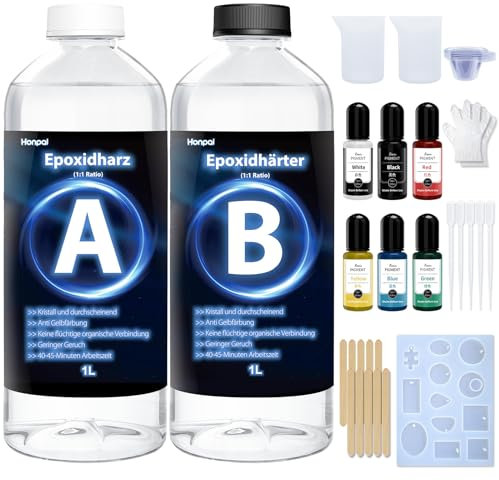 Epoxidharz Set 2L Epoxidharz mit Härter 1: 1 Verhältnis Glasklar Gießharz mit Epoxidarz für Holz Schmuckherstellung Kunst Handwerk,mit Epoxidharz Pigmenten, Silikonform, für Anfänger
