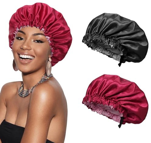 Euqvunn 2Pièces Bonnet Satin Cheveux Nuit, Réglable avec Large Bande Élastique Bonnet en Satin, Double Face À Deux Couleurs, Adapté pour Protection Cheveux Longs/Raides/Bouclés (Noir Rouge)