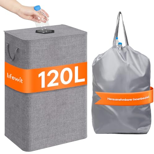 Lifewit 120L Pfandflaschen Sammelbehälter mit Deckel, Groß Pfandflaschen Aufbewahrung, Behälter Leergut & Altglas Aufbewahrung, Flaschensammler mit Loch Küche Abstellraum Flaschentasche, Hellgrau