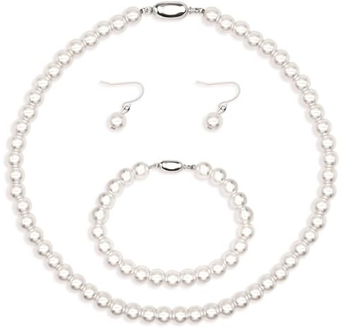 Kucheed Schmuckset aus Kunstperlen, Kunstperlen, Kunstperlenkette Armband Ohrringe, 3 Teiliger Brautschmuck, Weiße und Rosa Kunstperlen, Geschenk für Frauen, Hochzeitsschmuck (Weiß)