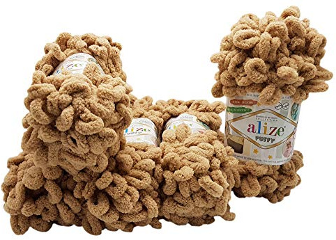 5 x 100g Puffy Schlaufenwolle Ilkadim Export, 500 Gramm Fingerstrick - Wolle super bulky, Schlaufenwolle, Strickwolle, Stricken ohne Nadel (beige 262)