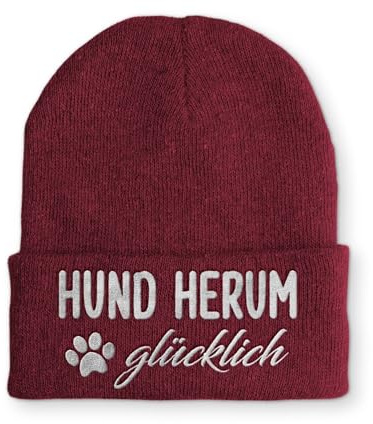 tshirtladen Beanie Hund Herum glücklich Wintermütze Mütze mit lustigem Spruch, Farbe: Bordeaux