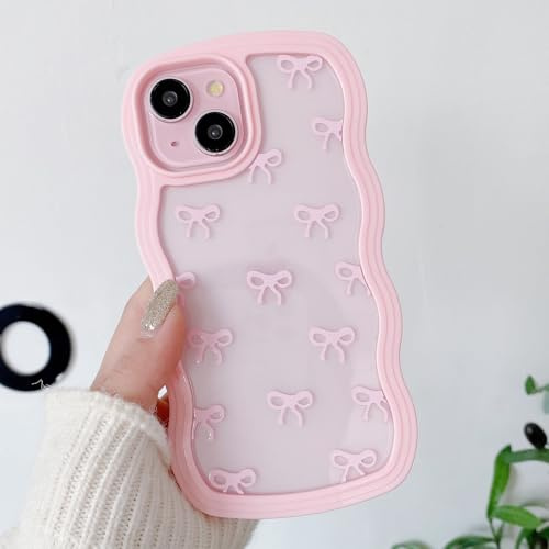 QLTYPRI Bow Case for iPhone 15, Clear Cute Ribbon Bow Phone Case Curly Wavy Aesthetic Phone Case, Slim Soft Transparent Shockproof Protective Cover for Women Girls - Pink
