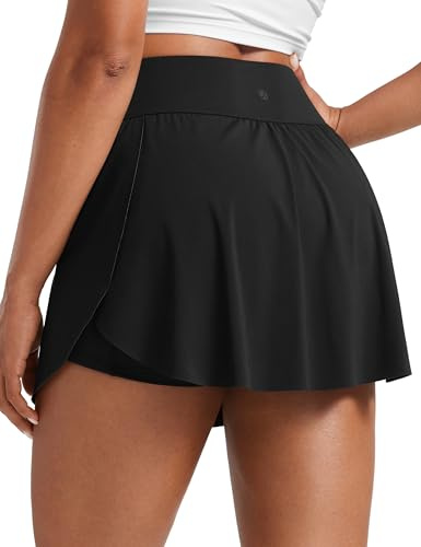 CRZ YOGA Tenniskjolar med hög midja och sidoslits | Inbyggda shorts med fickor, slätt fall, löparbyxor, A-linjeformad, minikort, skort för kvinnor