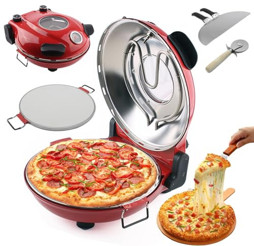 Horno Eléctrico para Pizza 1200w, Horno para Pizza de Interior, 420℃ Pizzero de Encimera, Temperatura Ajustable/Temporizador, con Utensilios, Revestimiento Antiadherente