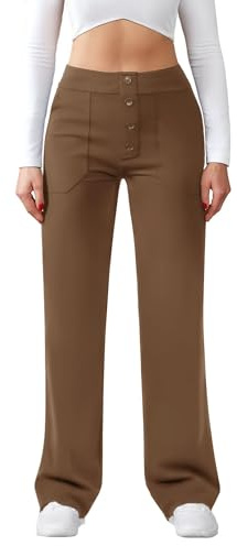 Friptspyg byxor dam hög midja breda byxor knapp raka ben byxor casual arbete byxor stretch yogabyxor med fickor