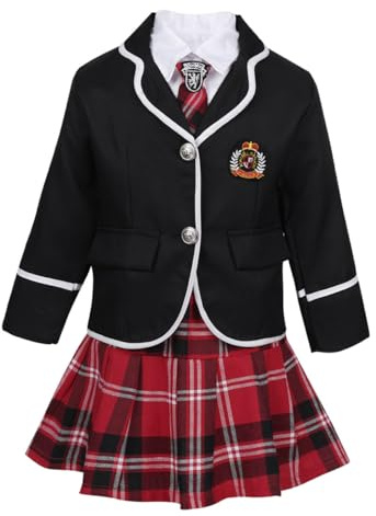 Hansber Uniforme Scolaire Fille Ensemble Vêtements Costume Uniforme Japonais Mini Jupe À Carreaux & Manteau & Chemise Cravate Déguisement Carnaval Cosplay Noir 10-12 ans