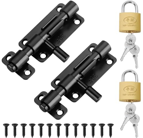 Verrou Porte avec Cadenas en Acier Inoxydable (2x Verrous + 2x Cadenas) – Loquet de Portail Extérieur Anti-Rouille 304 – Inclut 12 Vis & 6 Clés