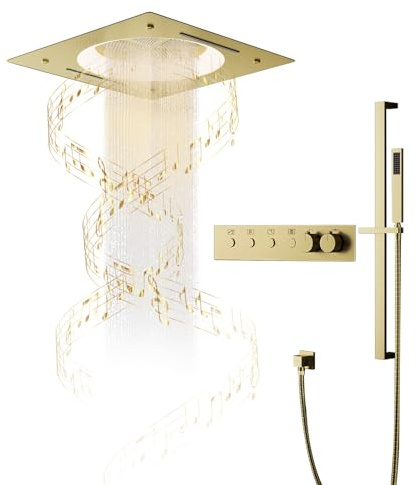Columna Ducha, Sistema de Ducha Termostática con Música LED 64 Colores, Conjunto de Ducha con Cabezal de Ducha Lluvia de 550 x 550 mm, Ducha de Mano, Juego de Ducha Oro