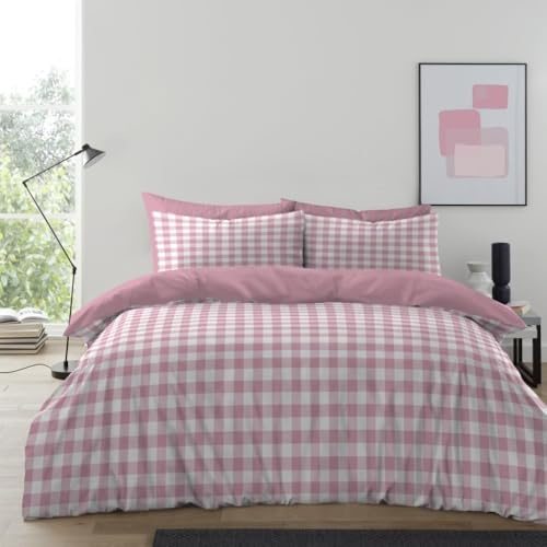 BritAces Gingham Moor Duvet Cover Set – Soft Microfibre Bedding Set with Pillowcases | Lightweight, Breathable & Durable – Easy-Care Checkered Bed Linen for All Seasons (Blush Pink, Single)