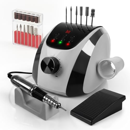 Fresadora de uñas profesional de 65 W con pantalla LCD, 35.000 RPM, mango Twist-Lock, modo MANO/PIEL, juego de fresas y superposiciones, lima eléctrica para manicura y pedicura híbrido y acrílico