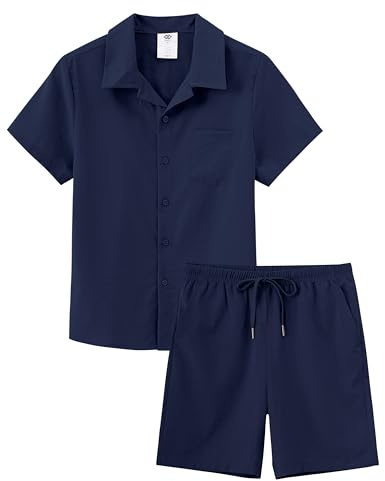 MoFiz Survetement Enfant Garcon Manches Courtes Tenues Décontracté pour Vacances Plage Boutonnés T-shirts et Shorts Ensembles d'été Bleu marine Taille M (140-152)