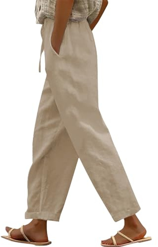 Pantalones Lino Mujer Verano Ligeros Frescos Pantalón Fino Largo Cintura Alta Casuales Pantalon Palazzo Anchos Lino Algodón Suave Y Cómodo Con Bolsillos Y Cordón Rectos Elegantes Playa Vacaciones Boho