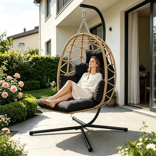 Hängstol med ram, hängstol med fotstöd, tjocka kuddar, höjdjusterbar, hängkorgstol för utomhus och inomhus, ergonomisk, hängande gunga, Egg Chair för trädgård, balkong, terrass upp till 150 kg – Svart