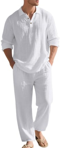 Oanviso Completi Tuta in Lino da Uomo Moda 2 Pezzi Casual T-Shirt Camicia Maglietta Con Bottoni Manica Lunga + Pantaloni Tute Sportiva Larghi per Yoga Spiaggia A Bianco M