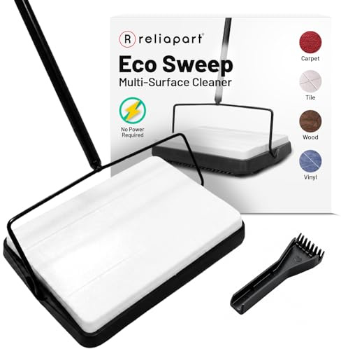 Reliapart Eco Sweep - Barredora de suelos multisuperficie, ligera, inalámbrica, para alfombras, azulejos, madera laminada, vinilo, sin energía, con sistema de cerdas giratorias para polvo y desechos