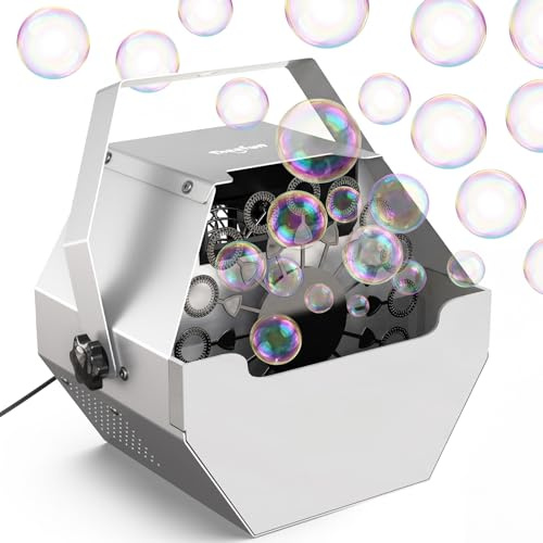 Theefun Machine à bulles automatique en métal 750 ml Alimenté par USB Portable Professionnel Machine à bulles pour fêtes, mariages, utilisation intérieure et extérieure Gris argenté