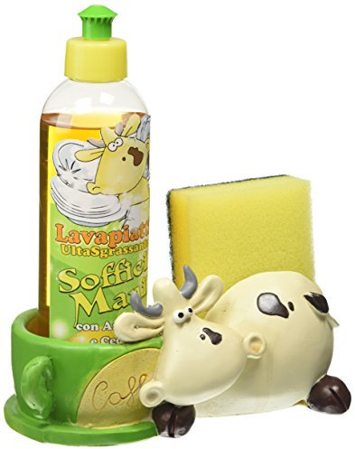 Paolo Chiari - Set 3 Pezzi, Porta Spugna e Porta Detersivo Piatti in Marmoresina Dipinta a Mano, Mucca Alice, Completo di Spugna e Detersivo (250 ml), Made in Italy, 18x7.50x21 cm