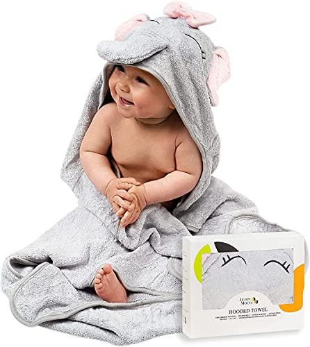 JM Toalla Bebe con Capucha - 100% Bambú Orgánico, Ultra Suave y Hipoalergénico, 35x35 Pulgadas, Grueso y Absorbente 500gsm, Regalo Bebe Recien Nacido Niño, Con Caja de Regalo y Toallita –Elefante Rosa