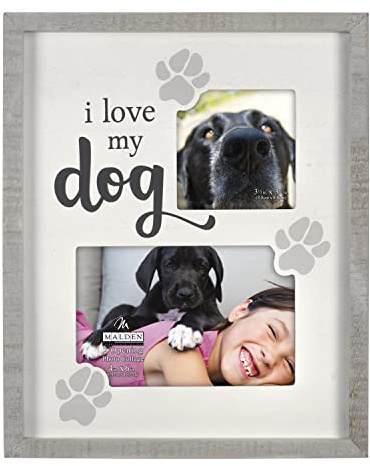 Malden International Designs Two Opening 4x4 & 4x6 I Love My Dog Picture Frame I Love My Dog Sentiment White MDF Wood Frame Raised Gray Rustic Wood Outer Moulding Screenprinted Gray Paw Print Art With Charcoal Gray Text