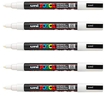 POSCA - Mitsubishi Pencil - 5 Marqueurs Blanc PC-3M - Pointe Conique Fine - Marqueur Peinture à Base d'Eau - Tout Support - Pour Papier, Textile, Verre, Galet, Bois