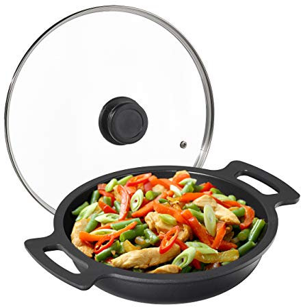 Relaxdays Servierpfanne, antihaftbeschichtet, mit Deckel, für Herd & Grill, Aluminium, Grillpfanne, D 28 cm, anthrazit, 13 x 39.5 x 31 cm