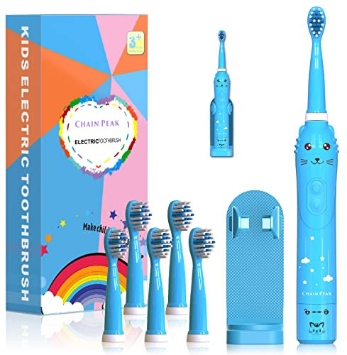 Gatto Spazzolino da denti, spazzolino elettrico ricaricabile per bambini Ragazzi Ragazze dai 3 ai 12 anni con promemoria di 30 secondi, timer da 2 minuti, 6 modalità, 6 testine, supporto a parete