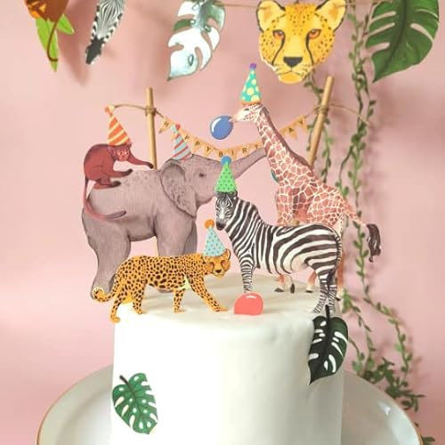 100% handmade Jungle safari zoo animal giraffe monkey elephant cake topper set baby kids 1st birthday cake decoration eco (Cake toppers)