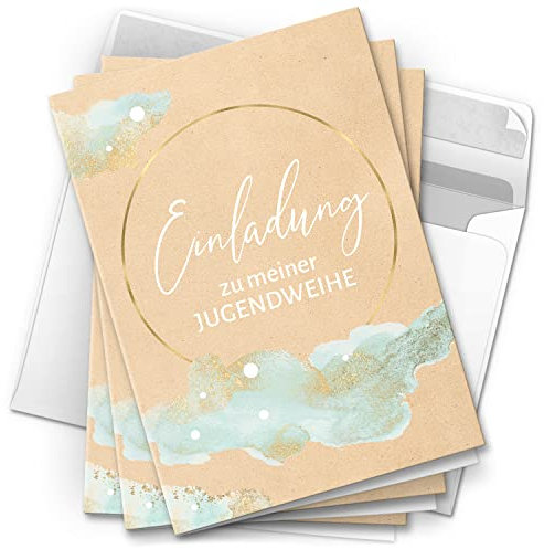 10 Jugendweihe Einladungskarten - Motiv Aquarell Wolken - moderne Einladungen Klappkarten mit Umschlägen
