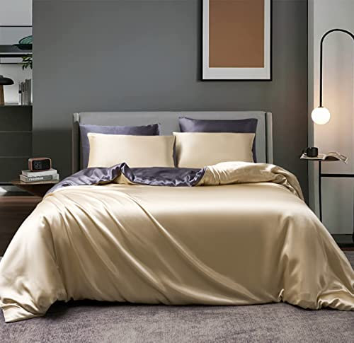 Boqingzhu Satin Bettwäsche 220x240cm Gold Beige Grau Anthrazit Seide Glanzsatin Bettwäsche Set Luxus Glatt Glänzend Wendebettwäsche Set 3Teilig Bettbezug und 2 Kissenbezüge 80x80cm