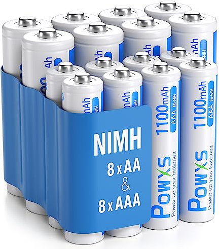 POWXS AA and AAA Rechargeable Batteries Set - 16 Pack Rechargeable Battery, High Capacity 2800mAh AA x 8 and 1100mAh AAA x 8 Ni-MH 1.2v Pre-Charged Batteries