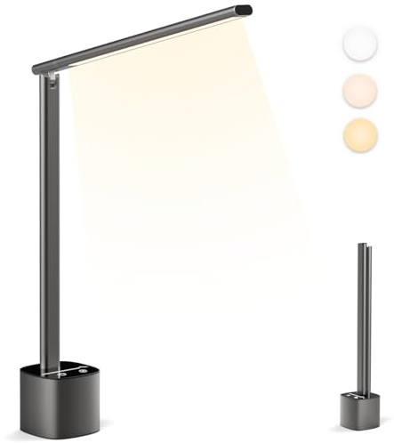 Hapfish Lampara de escritorio LED, Flexo escritorio plegable y recargable, Graduable y orientable, 5000mAh Lámpara de mesa inalambrica para estudio, estudiar, oficina, trabajo, exterior (Gris)