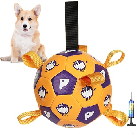 YUEMING Giocattolo Palla per Cane, Palla di Calcio Del Cane con le Linguette di Presa, Dog Pallone da Calcio Galleggiante con Pompetta, Giocattolo interattivo per Cani (Giallo, 19cm)