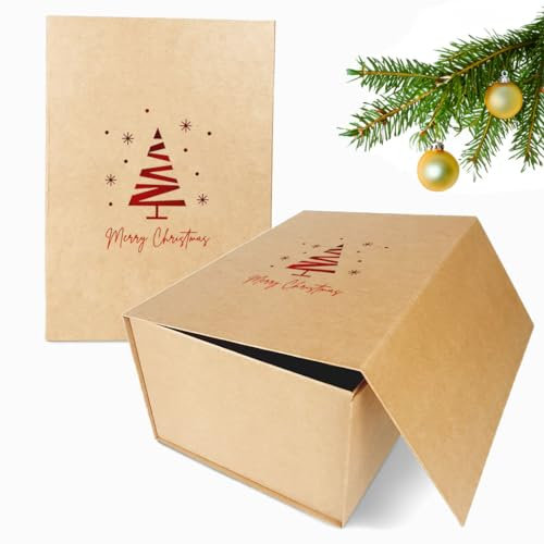 Verpackungswelt Geschenk-Box Weihnachten (1 Stk.) | 31x22x15 cm | Geschenk-Karton mit Deckel & Magnet-Verschluss | Für Weihnachts-Geschenke | Weihnachts-Verpackung mit Weihnachtsbaum-Motiv in Rot