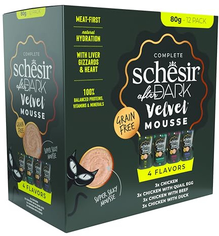 Schesir After Dark, Multigusto in Mousse, Alimento Umido Completo per Gatti, in Busta, Grain Free, Alto Contenuto di Proteine, Fonte di Idratazione, 12 x 80 g