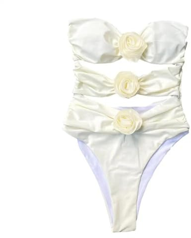 YUECIBAI Bikini baddräkt dam veckad en del baddräkt axel fri med 3D blomma dekor rygg fri design för kvinnor för kvinnor S beige