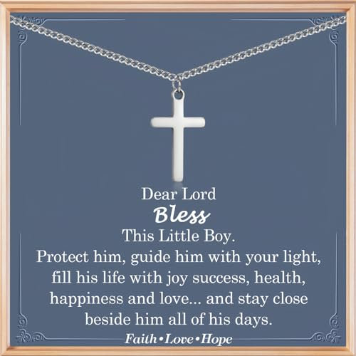 Christening Cross Necklace for Boy - Holy Communion, Confirmation, Baptism Gift - Silver Chain With Cross Pendant for Son, Grandson, Nephew - Christmas, Easter, Thanksgiving