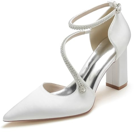 smlekwc Zapatos De Novia De Satén Puntiagudos para Mujer Zapatos De Novia Cruzados con Diamantes De Imitación Zapatos De Vestir De Fiesta De Tacón Alto,Blanca,37 EU
