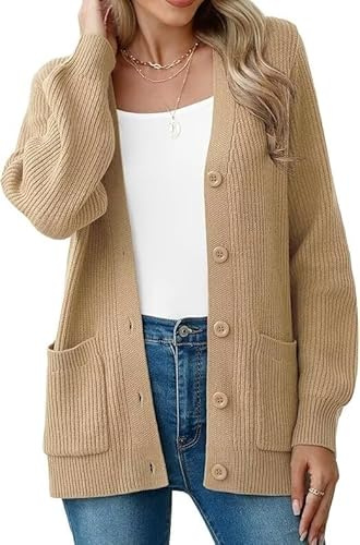 YGJIEGENG Cárdigan de punto grueso para mujer, manga larga, cuello en V, cárdigan de punto suelto, cárdigan frontal abierto, suéter para otoño e invierno, elegante, informal, chaqueta de hombro, ropa